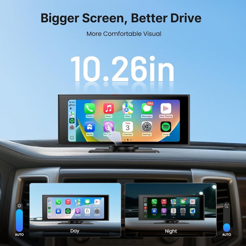 WonVon Wireless Car Play Screen, 10.26'' Monitor with Apple Carplay & Android Auto, 4K Dash Cam 64G, 1080P Backup Camera, Portable Smart Touch Tablet Stereo Multimedia Dashboard, Bluetooth/FM/GPS/AUX - Image 2